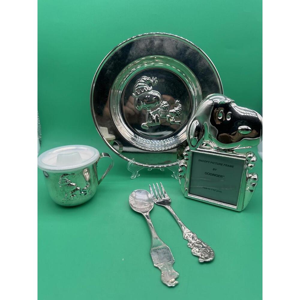 Peanuts Snoopy Woodstock Godinger Silver Plate 5pc Child Kid Set W/Frame,Fork